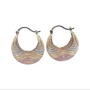 18k Gold Filled Tri-Color Wavy Patterned Basket Shape Hoop Earrings